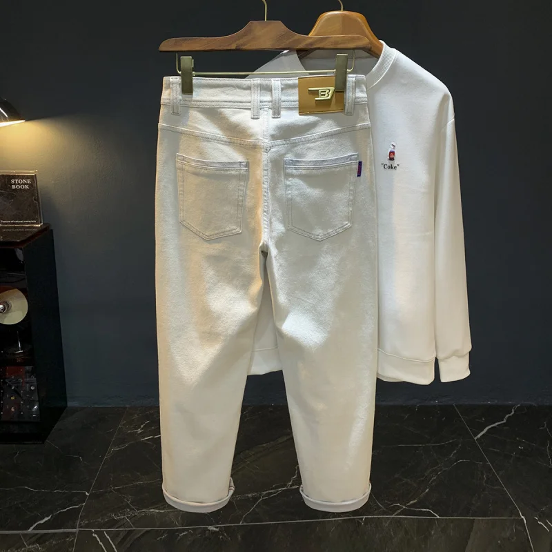 

Белые джинсы, осень 2021, трендовая мужская одежда, маленькая прямая нога, удобная эластичная повседневная легкая l High-end Streetwe