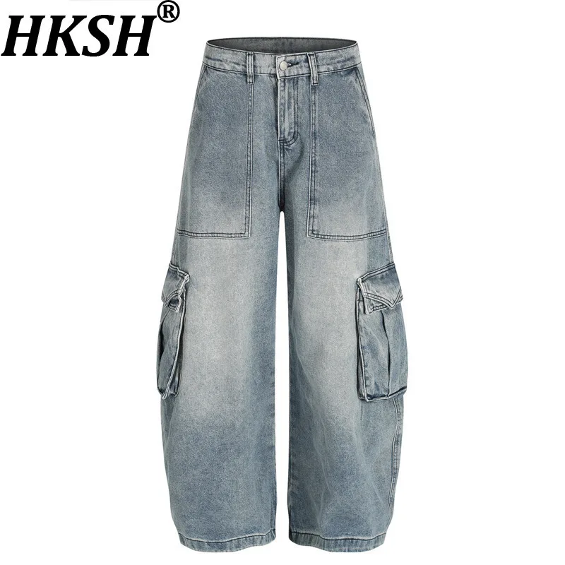 

HKSH Spring Autumn New Man Chic Loose Casual Multi-pocket Wide-Leg Jeans Y2K Vintage Washed Distressed Cargo Denim Pants HK13486