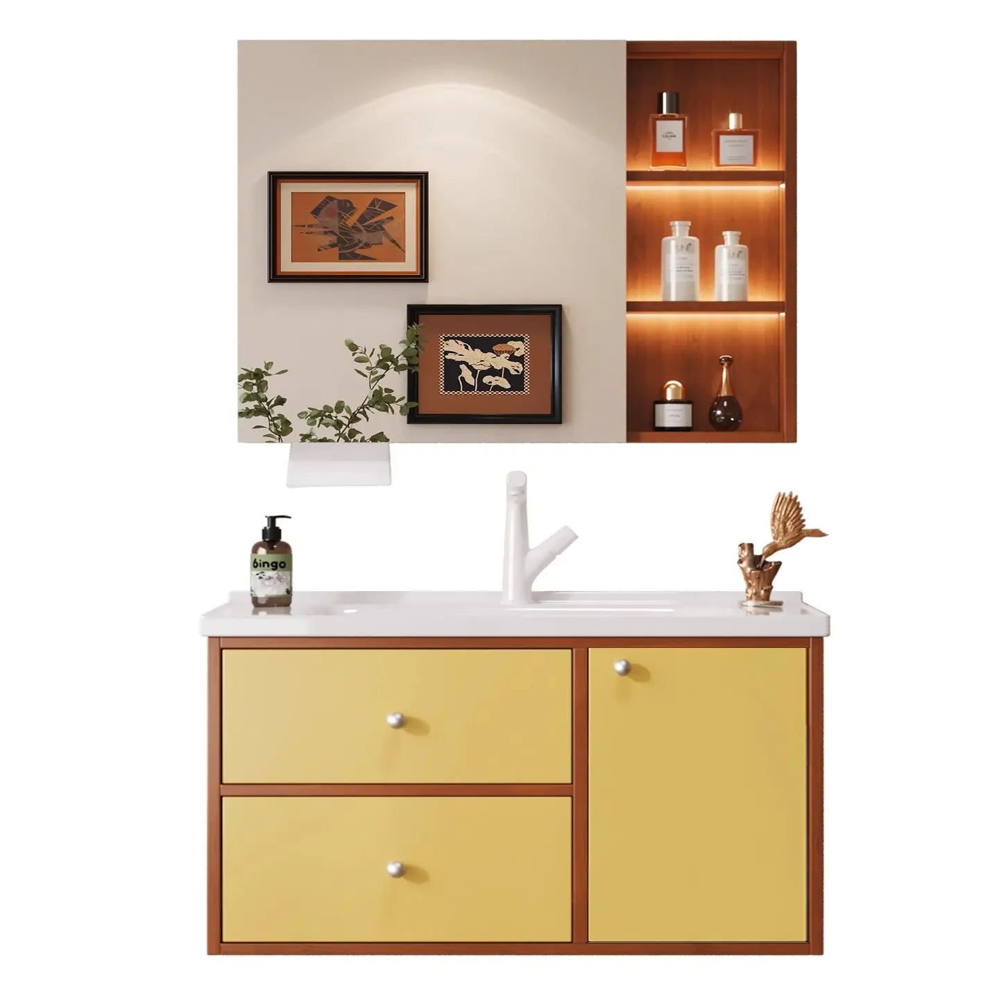 Modern New Chinese Bathroom Vanity Ginger Yellow Two-tone Design Integrated Ceramic Wash Basin Cabinet for Home Use