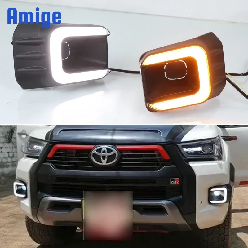 

Автомобильные светодиодные DRL 12 В дневные фонари для Toyota Hilux Revo Recco 2020 2021, желтые указатели поворота, дневные ходовые фары, лампы для автоматического вождения