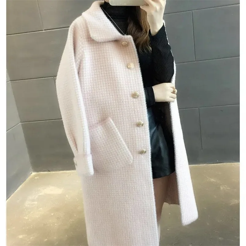 Autumn and Winter Golden Sable Knitted Cardigan Women\'s Sweater Medium Long Thick Loose Coat Coat Coat Woolen Plaid Large