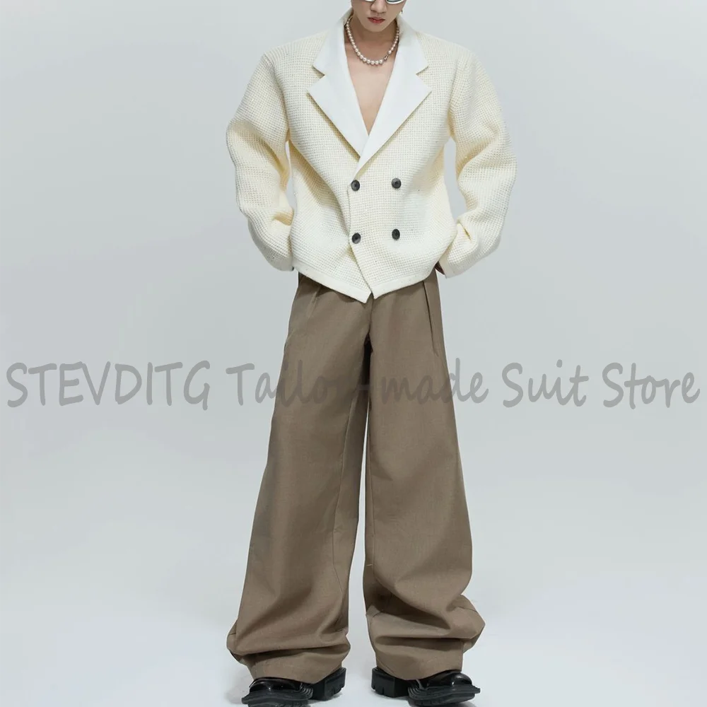 White Textured Cropped Blazer with Wide Leg Pants Men's Suit Set Streetwear Fashion Outfit Party Runway Casual Wear 2026