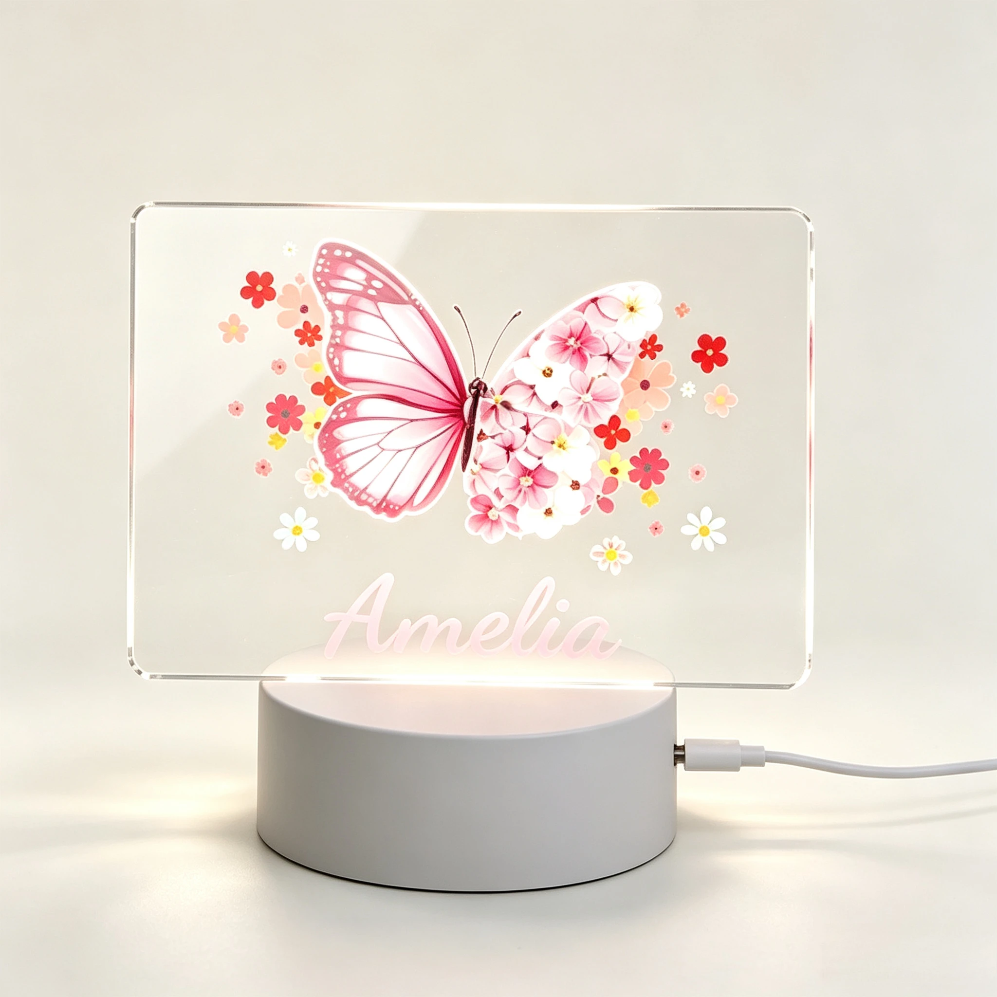 Custom Name LED Acrylic Night Light, Pink Butterfly Colorful Floral Pattern USB Touch Lamp For Girls Bedroom Birthday Gift