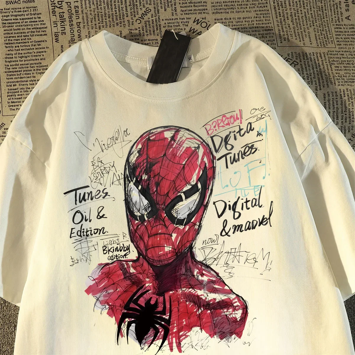 قميص ديزني الأصلي أنيمي سبايدر مان مقاس كبير مطبوع للزوجين بأكمام قصيرة من القطن مريح وناعم وأكمام قصيرة #3