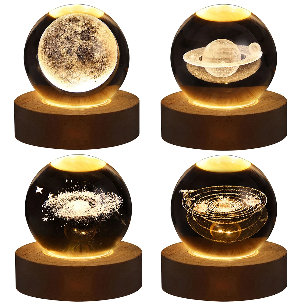 LED Crystal Ball Night Light Solar System Crystal Ball 3D Engraved Planet Nightlight with Wooden Base USB Charging Gift for Kids