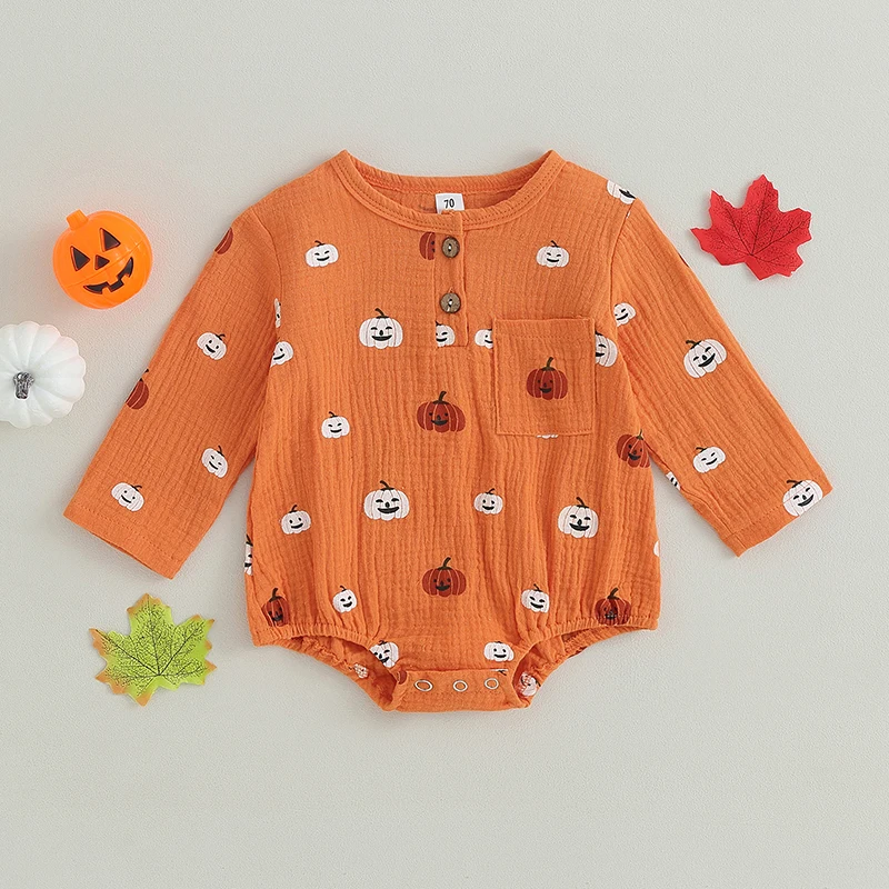 

Infant Halloween Costume Jumpsuit with Long Sleeves and Pumpkin Print Round Neck Button Down Bodysuit for Newborns Cute Baby