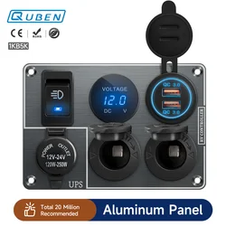 Carregador de Carro com Multi-Funções, Painel de Alumínio, UPS, Isqueiro, Soquete, Porta Dupla, USB, QC3.0, 12V, 24V, RV, Iate, Viagem, Trailer