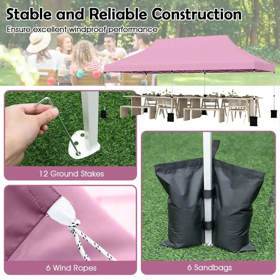 

10x20 Ft Pop Up Canopy Tent Folding Instant Sun Shelter With 3 Adjustable Heights Pink