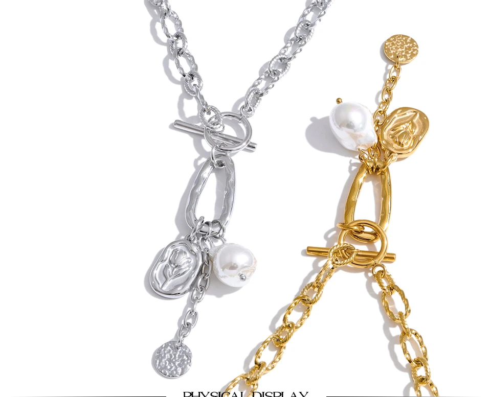 Yhpup Halskette mit Blumenanhänger aus Edelstahl mit Imitationsperlen, anlaufbeständige Metall-Statement-Kette, Modeschmuck, Geschenk – Detail 2