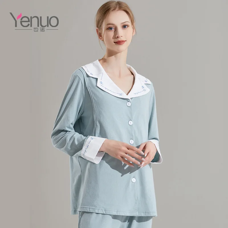

100% Thin Cotton Maternity Nursing Sleepwear Cute Lace Patchwork Feeding Pajamas for Pregnant Women Lovely Pregnancy Nightwear