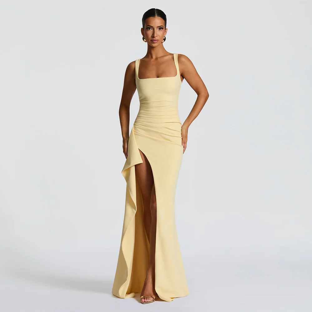 

Summer New Rosered Elegant Sleeveless Loose Stain V Neck Sling Dress Maxi Robes Ladies Party Holiday High Slit Backless Dresses