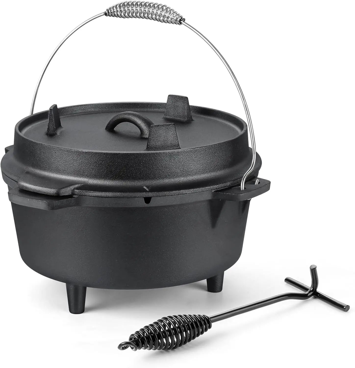

Чугунная голландская духовка 5QT, предварительно приправленная походная кастрюля и подъемник крышки, большая сверхмощная глубокая кастрюля с ножками и крышкой сковороды 2-в-1