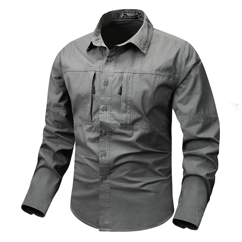 Retro workwear men\'s long sleeved shirt pocket design men\'s casual button shirt suitable for outdoor spring and autumn