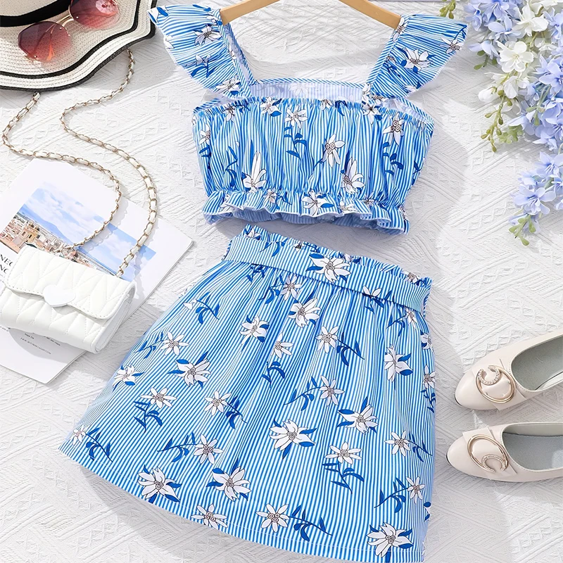 Two Piece Summer Girl Cute Cool And Breathable Printed Shoulder Strap Shorts Belt Decoration Princess Birthday Party Costume Set