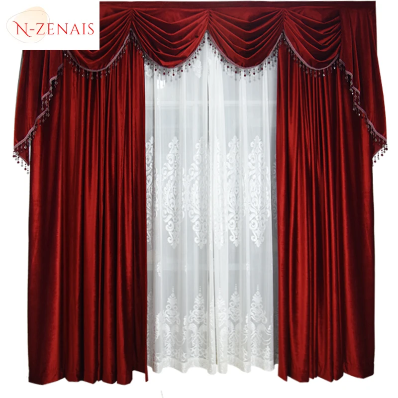 Retro Red Velvet Curtains for Living Room Blackout Bedroom Window Custom Luxury European Valance Tulle Wedding Stage Background