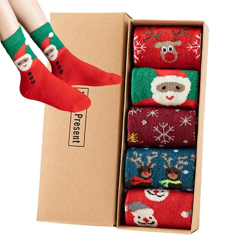 5 pcs Christmas socks Wool socks mid-tube socks Fun cute socks with Santa reindeer pattern women's Christmas theme gift box set