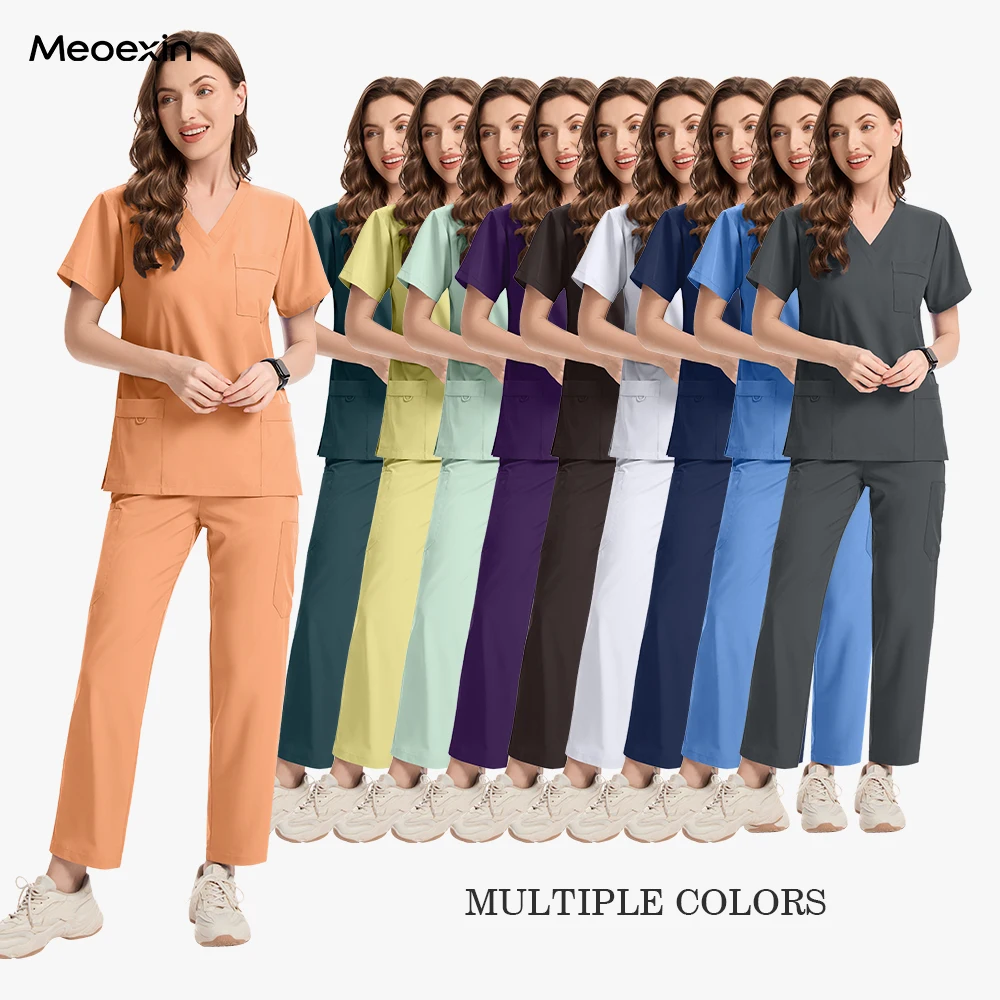 

Scrubs Uniform Woman Short Sleeved V-neck Top Straight Pant Set Breathable Nursing Articles Surgical Medical Work Clothes Unisex