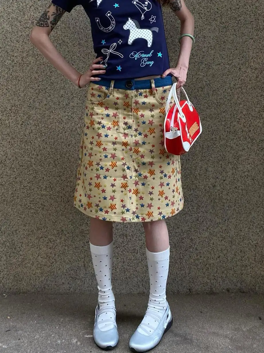 Washed Star Print Denim Skirt Spice Girls Loose A Word Medium and Long Skirt