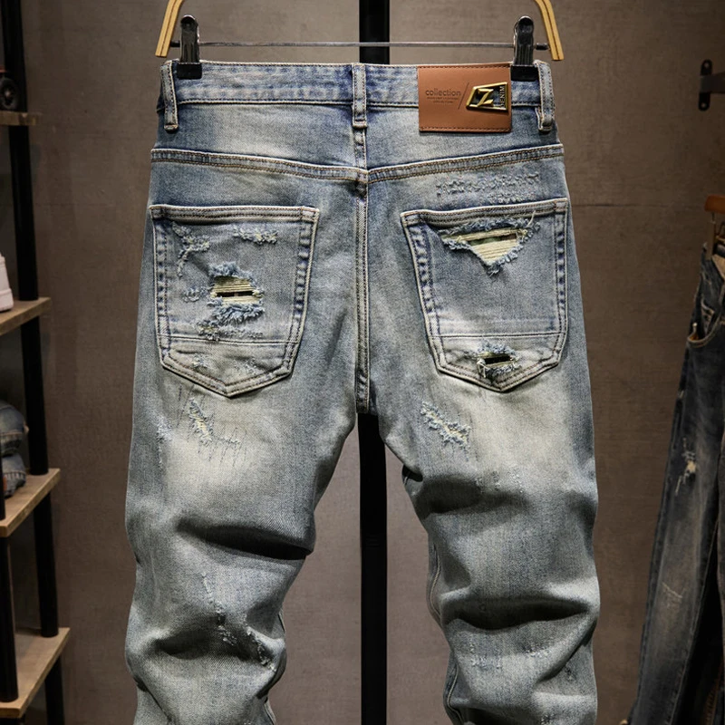 

High Street Designer Fashion Men Jeans Retro Washed Blue Stretch Slim Fit Patched Ripped Jeans Men Patched Vintage Denim Pants