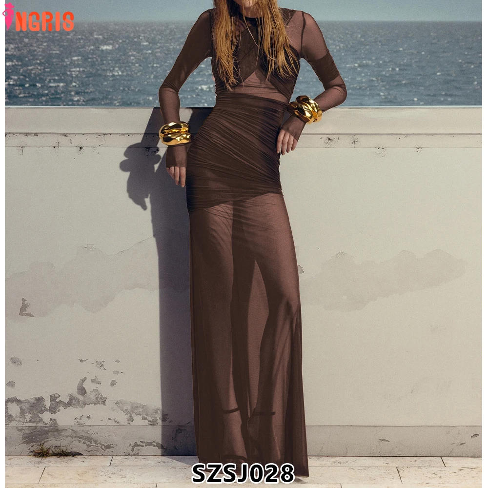 

2025 New Mesh See Through Maxi Dress Autumn Long Sleeve Party Wear Sexy 3 Colors Holiday Wear Club Dresses-SZSJ028