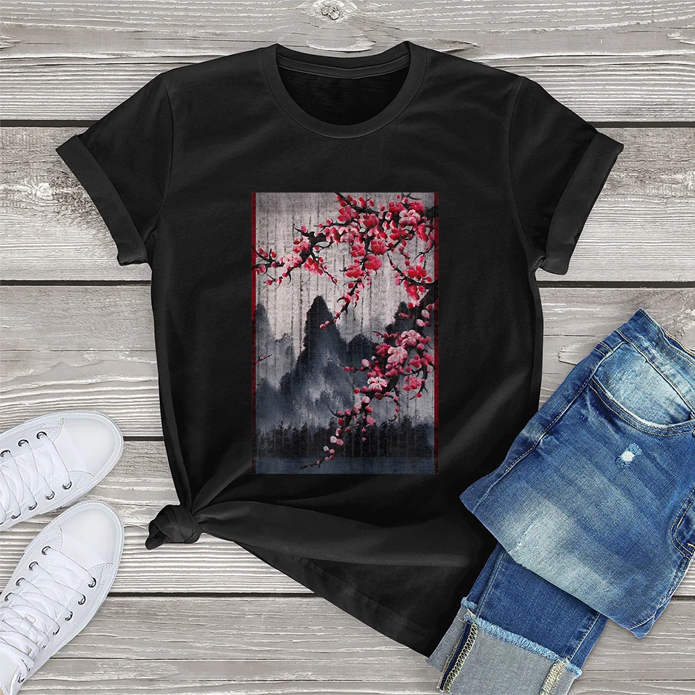 

FLC 100% Cotton Vintage Cherry Blossom Woodblock Tee Japanese Graphical Art Clothing Gift Women T-Shirt Printed Top Unisex Tee