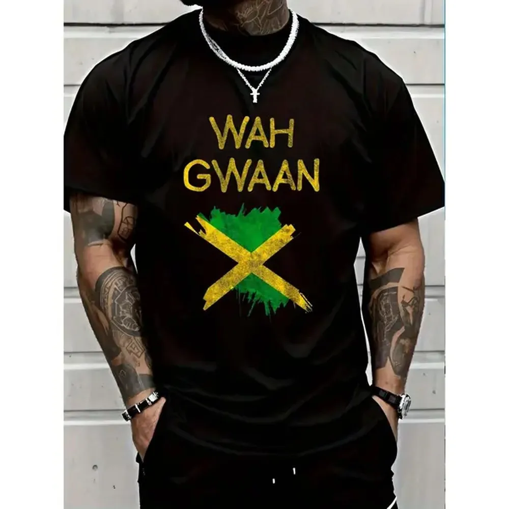 Camiseta Gráfica para Hombre con la Bandera de Jamaica "One Love", Corte Holgado y Relajado en 100% Algodón, Cuello Redondo y Manga Corta para Ropa Urbana