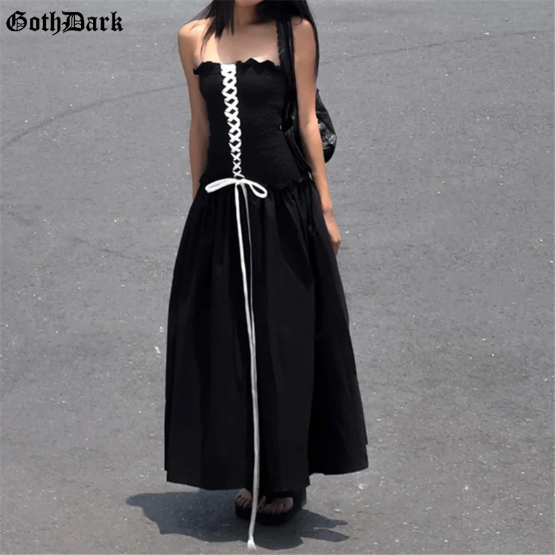 

Goth Dark Strapless Long Dress Harajuku Fashion Pure Color Off Shoulder Gown Mall Gothic Streetwear Women Trim Bandage Dresses