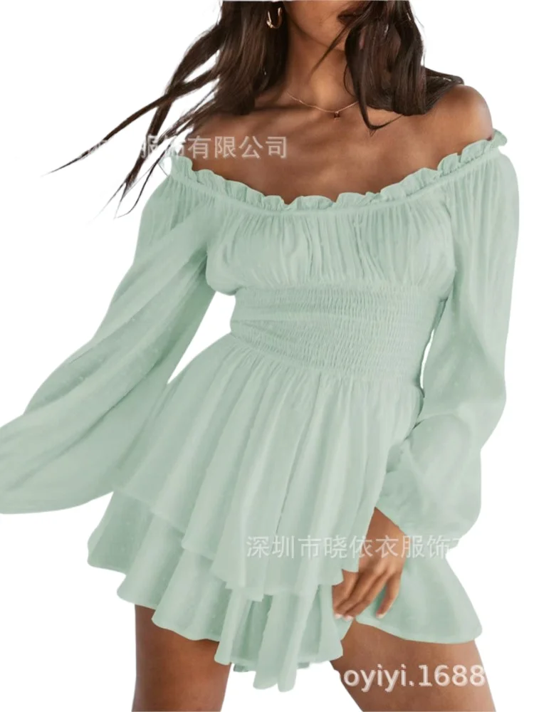 

New Sexy Women's Slash Neck Dress Spring Summer Fashion Elegant Lantern Sleeve Ruffles Elastic Pleated Skirt Womens Clothing
