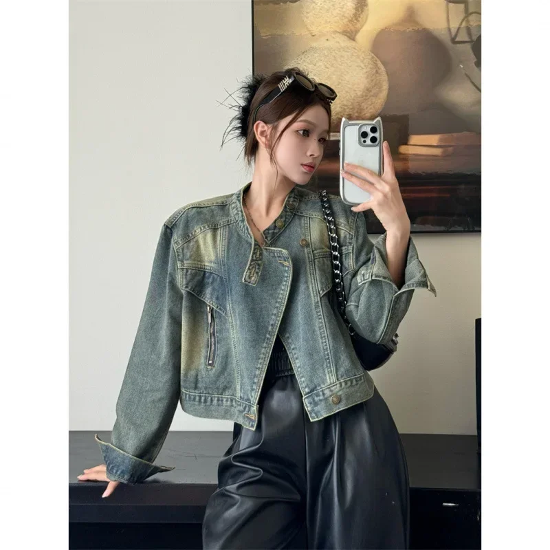 

spring and autumn new Hong Kong-style retro old short denim jacket women's loose and thin stand-up collar jacket top