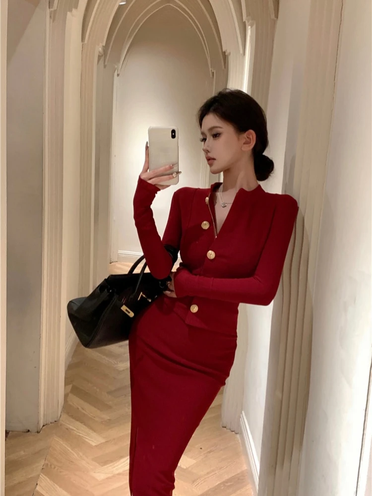 

Red Long Sleeve Slim Fit Short Jacket Women's Spring Fashion Set Tight Butt Halter Skirt Elegance Two-Piece Suit Casual Commu...