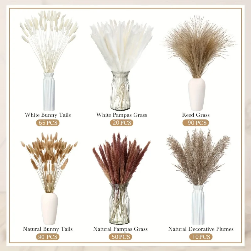 325 Pcs 17 Inch Dried Pampas Grass Bouquet - Natural Decorative Plumes for Wedding Home Table Rustic Farmhouse Party Decor with