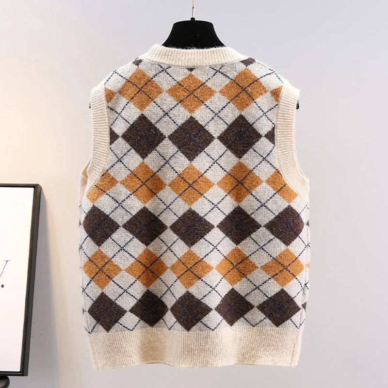 Damska modna Vintage Classic Argyle Y2K jednorzędowy sweter sweter kamizelka damska V Neck bez rękawów luźna kamizelka z dzianiny