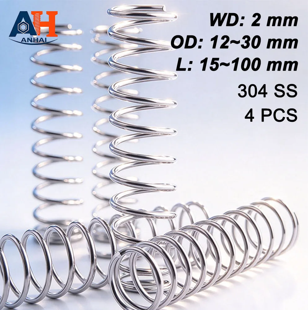 04 Stainless Steel Compression Spring Coil Spring Wire Diameter 2mm OD 12-30mm Length 15-100mm 4 Pieces Per Lot