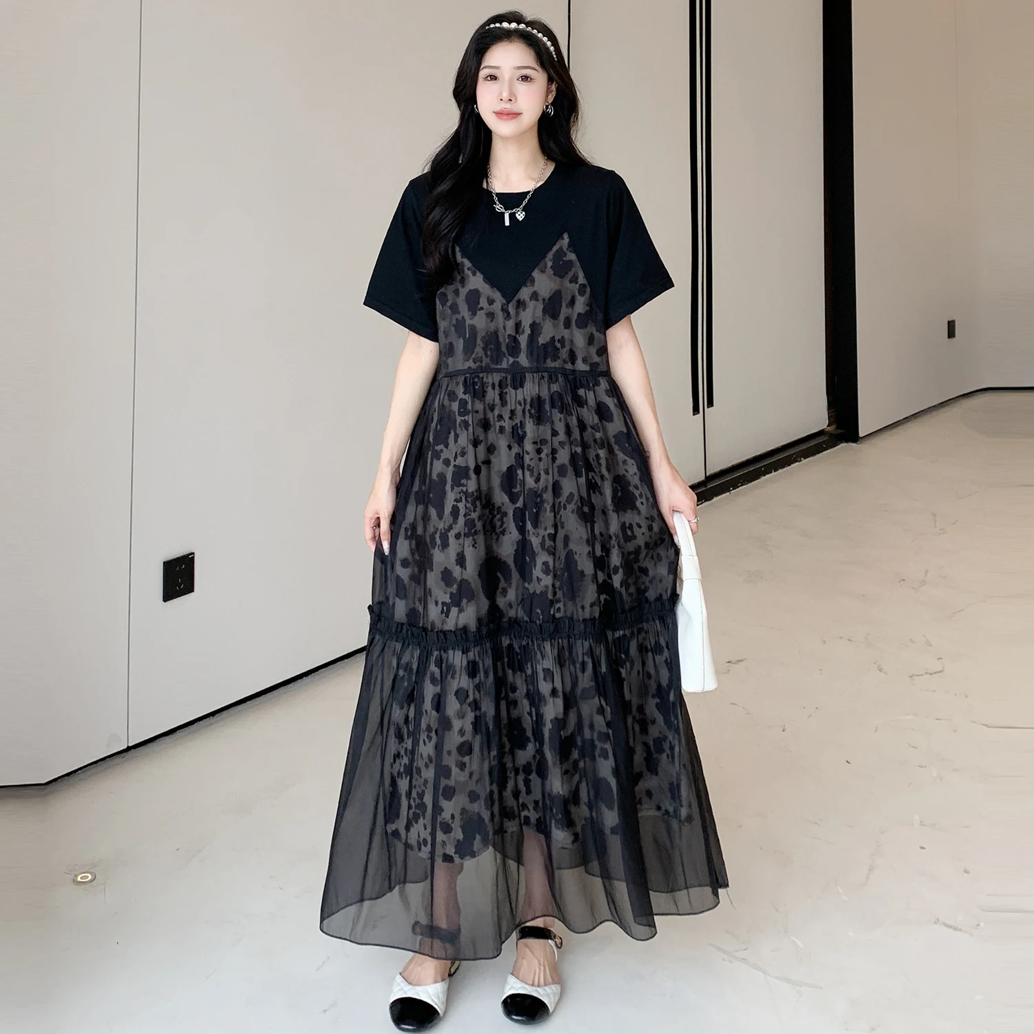 Summer New Korea Woman Dress Vestidos Robe Elbise Loose Plus Size Patchwork Leopard Fake Two Short Sleeve Long Dresses