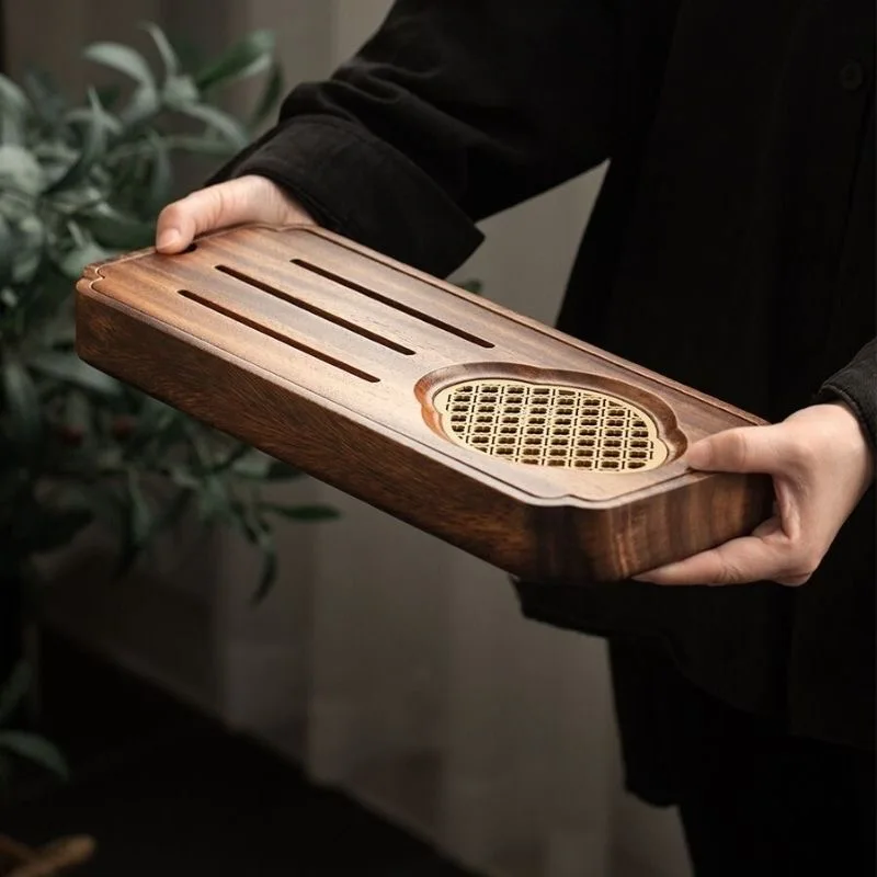 Simple Household Solid Wood Tea Tray Japanese Dry and Wet Dual-purpose High-end Office Walnut Tea Tray