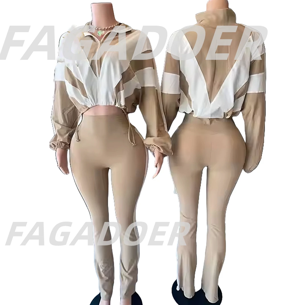 FAGADOER Spring New Casual Two Piece Outfits Woman Color Block Long Sleeve Zipper Jacket and Jogger Pants Tracksuit Streetwear