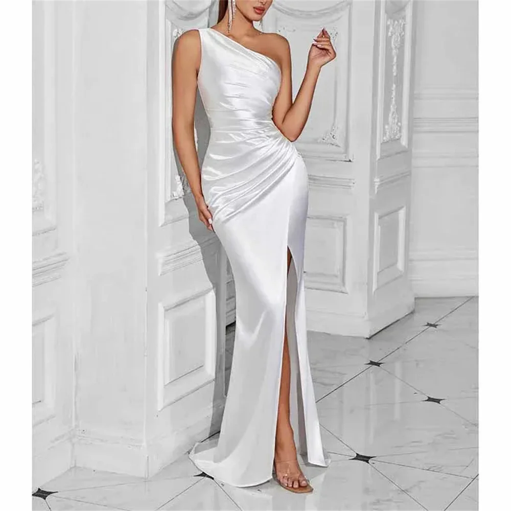 

Satin One-Shoulder Mermaid Evening Dresses Simple Bodycon Pleats Slit Solid Bridesmaid Dress Women Sexy Elegant Guest Dress 2026