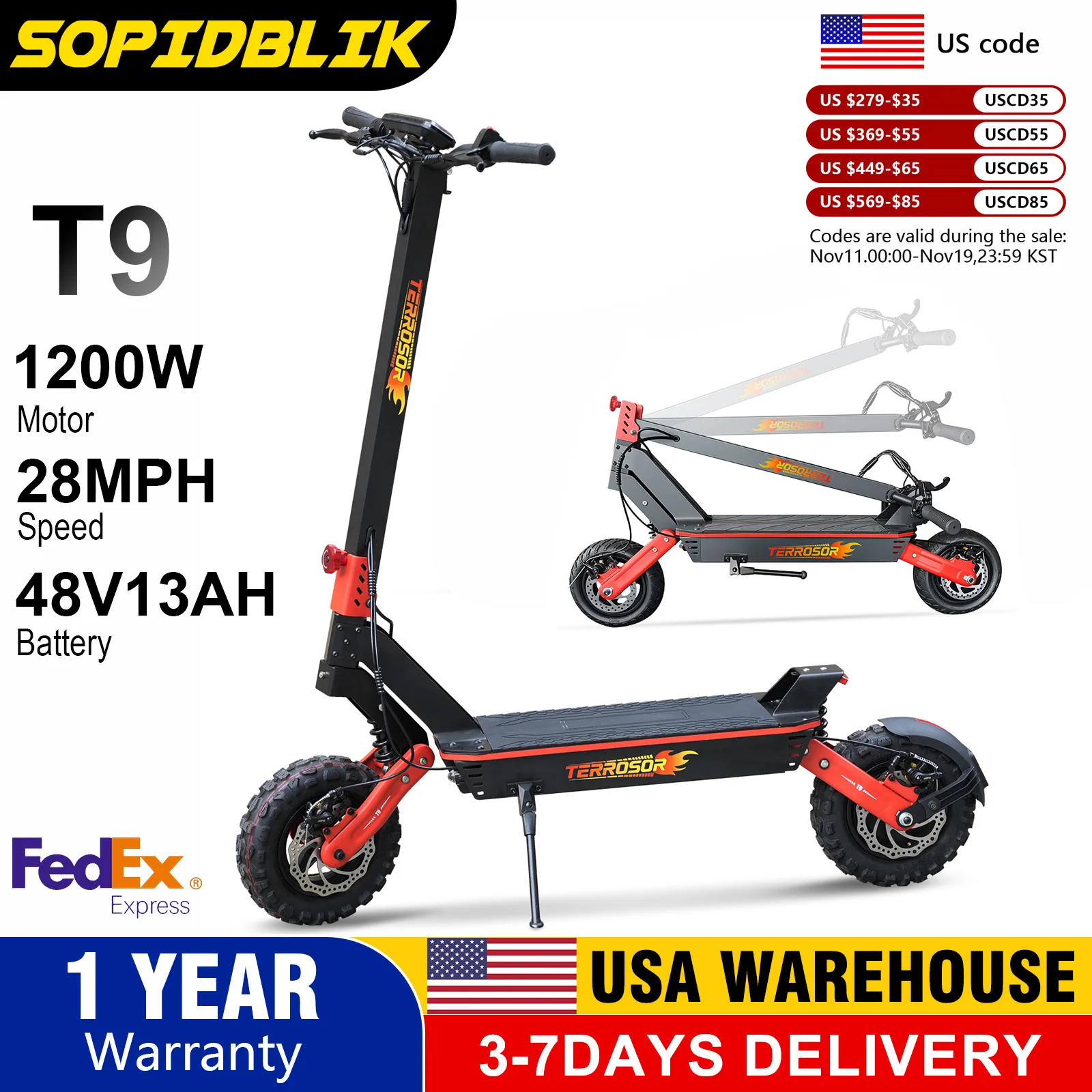 

Escooter 1200W Electric Scooter, 48V13AH Battery, Max Speed 28MPH, Max Range 34 Miles, Max Load 500lbs,Electric off-road Scooter