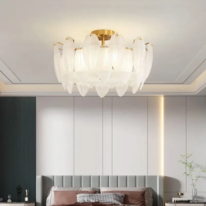 Post-modern Glass Living Room Chandelier Simple Home Use Bedroom Dining Room Crystal Lamp Feather Light Luxury Ceiling Lamps