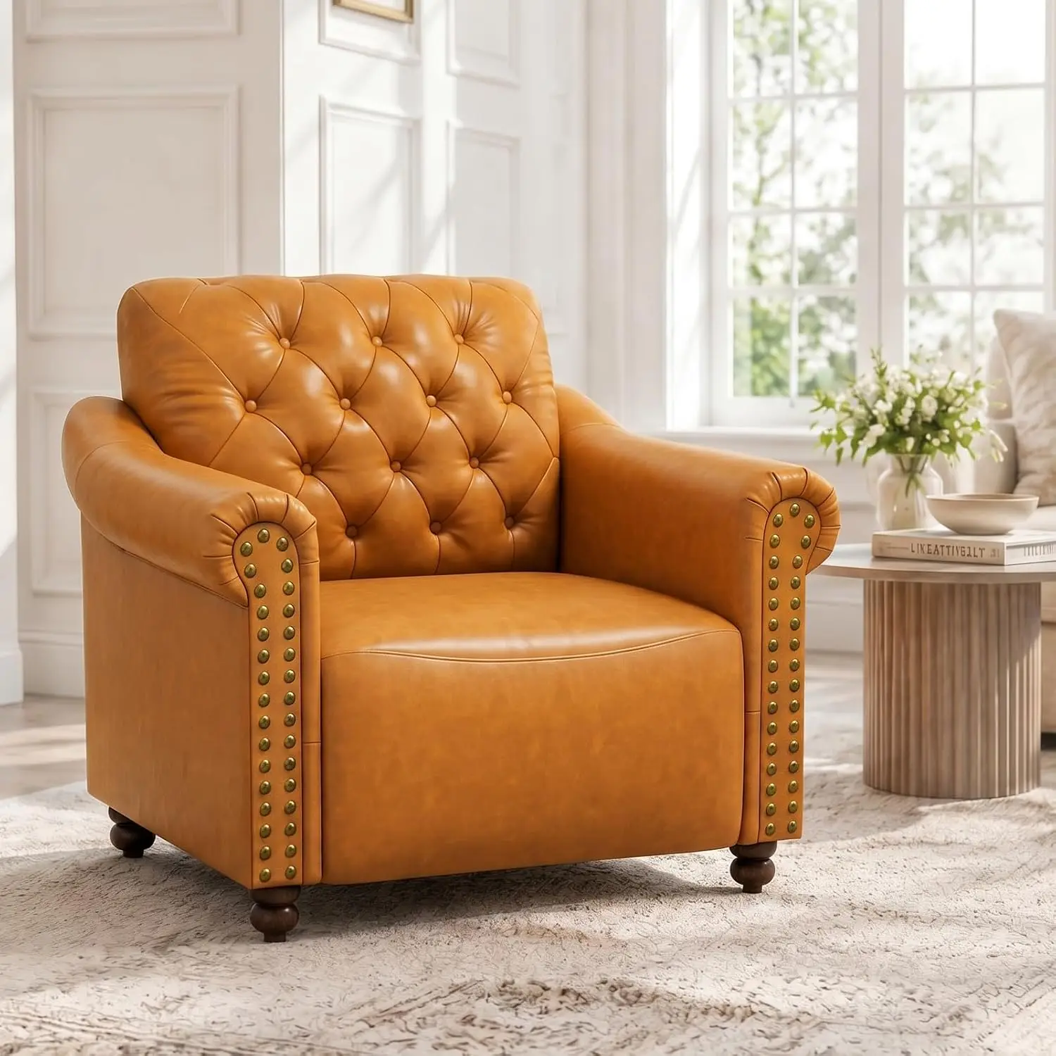 Faux Leather Chair, Chesterfield Chair with Nailhead Trim, Cognac Tan / Brown