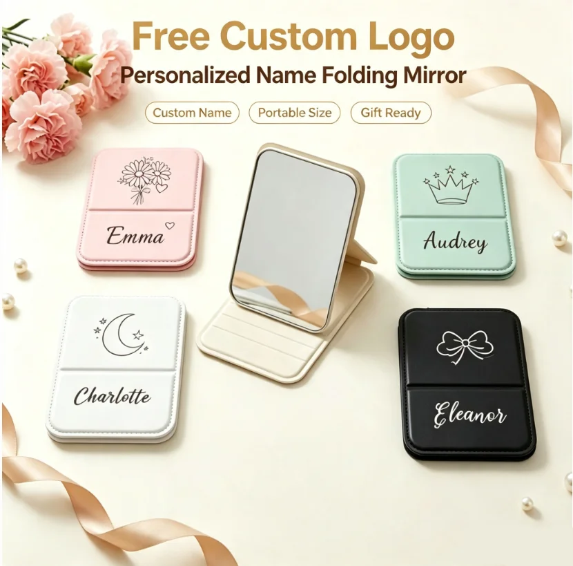 Personalized Custom PU Leather Fold Mirror Travel Portable Makeup Mirror Exclusive Customized Gift for Girlfriends  Bridesmaids