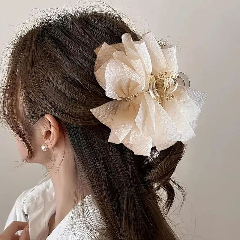 Lace Mesh Bow Claw Clip Large Strong Grip Nonslip Hairdressing Claw Black Or White Elegant Hair Accessories For Thick Thin Hair
