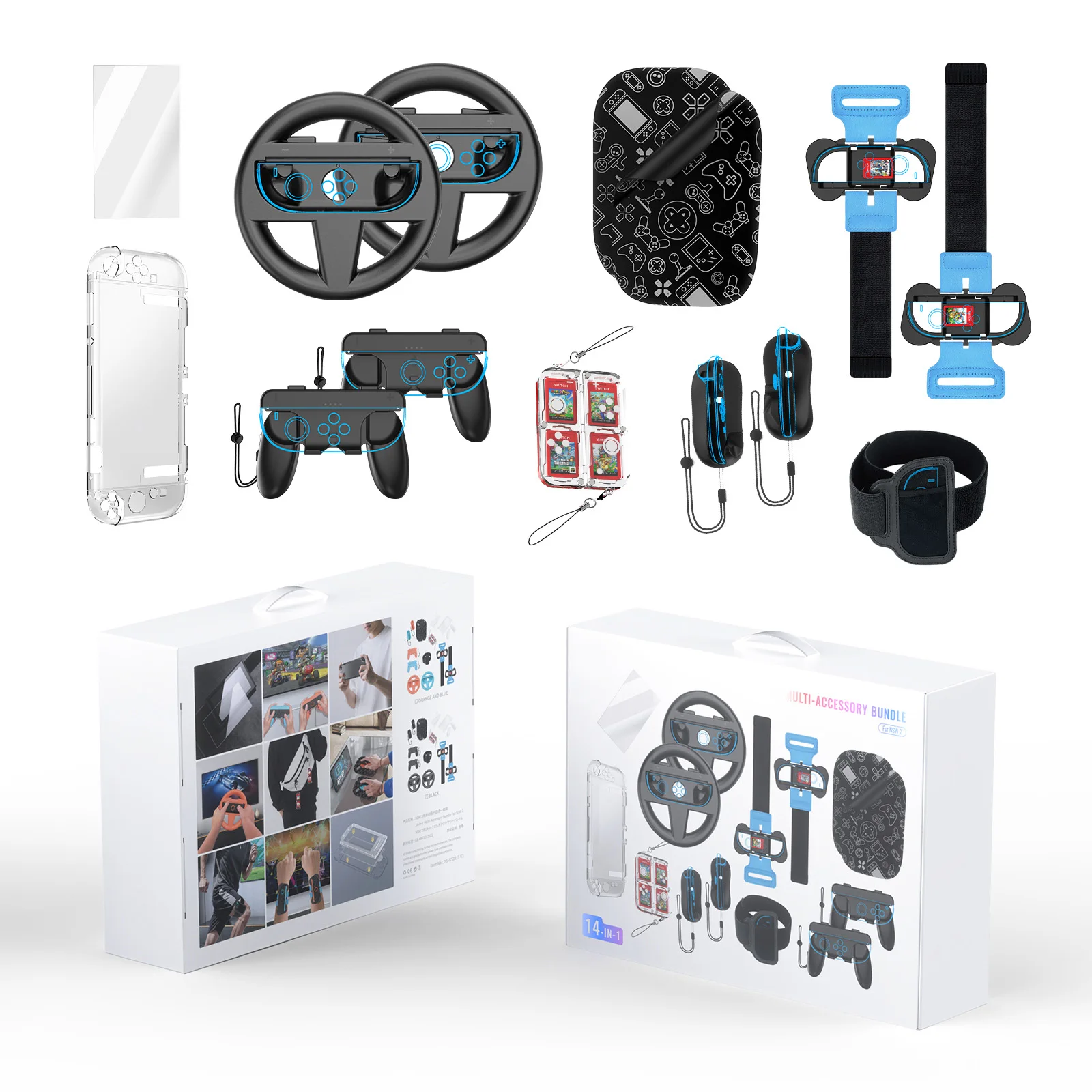 

14 in 1 Sports Set Steering Wheel + Handle + Wrist Strap + Mouse + Crystal Case Tempered Glass Screen Protector Set for Switch 2