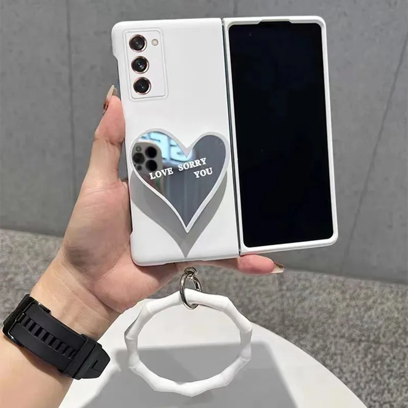 Fashion Hanging Chain Protection Matte Skin Phone Case For Samsung Galaxy Z Fold 6 5 4 3 2 5G Love Heart Holder Mirror Cover