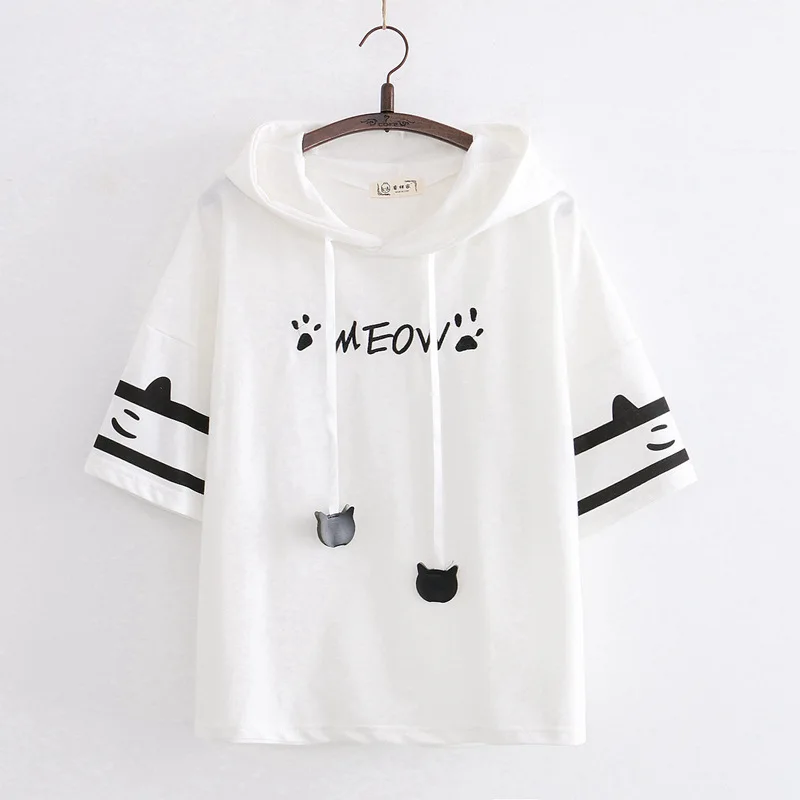 Summer Women Cartoon Animal Paw Embroidery Tee Shirt Cat Ears Hooded Kawaii Tshirt School Young Girls Cute Daily Clothes Tops