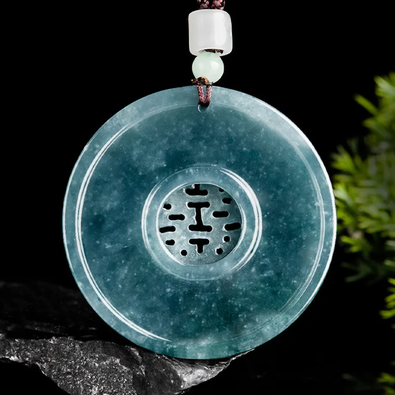 Myanmar Jadeite Blue Water Double Happiness Magpie Pendant Hand-carved Exquisite Luxury Ice Jade Necklace Men Women Holiday Gift