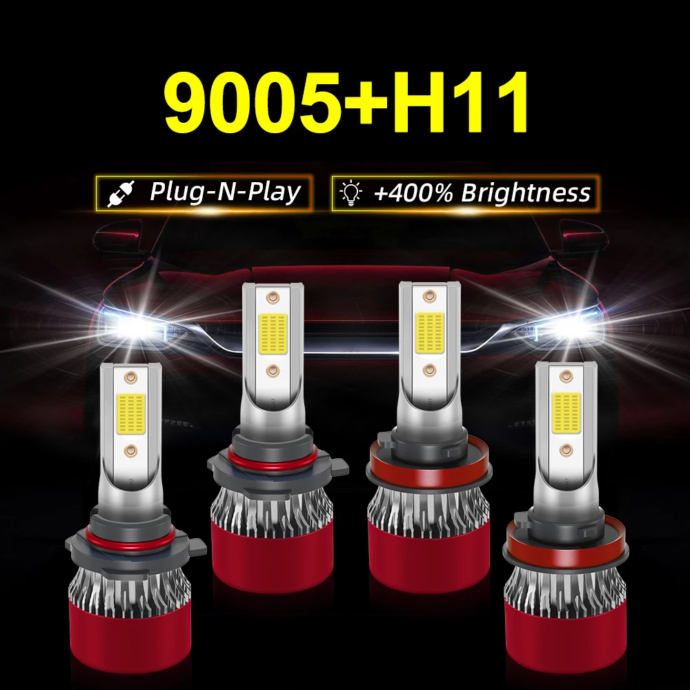 

4PCS 9005 HB3 H11 Car LED Headlight Turbo Fan 40000LM Wireless LED Headlamp 6000K White Super white COB Chips Auto LED Lamp