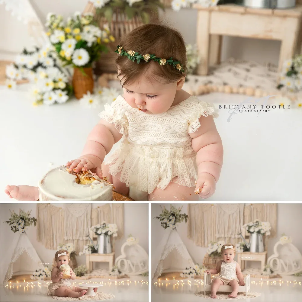 Baby Shower Background 1 Year Old Celebration Party Bohemian Style Pure White Cake Smash Birthday Portrait Backdrop Photography