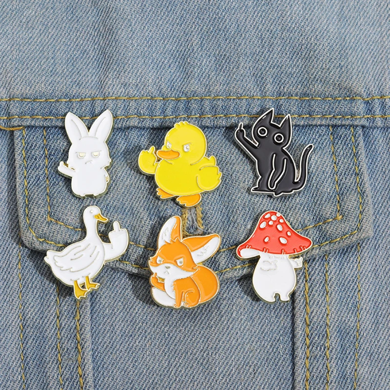 Rude Finger Pines Lapel Badges Cartoon Fox Rabbit Duck Cat Jewelry Gift for Kids Friends Sarcastic Enamel  Brooch Custom Animal