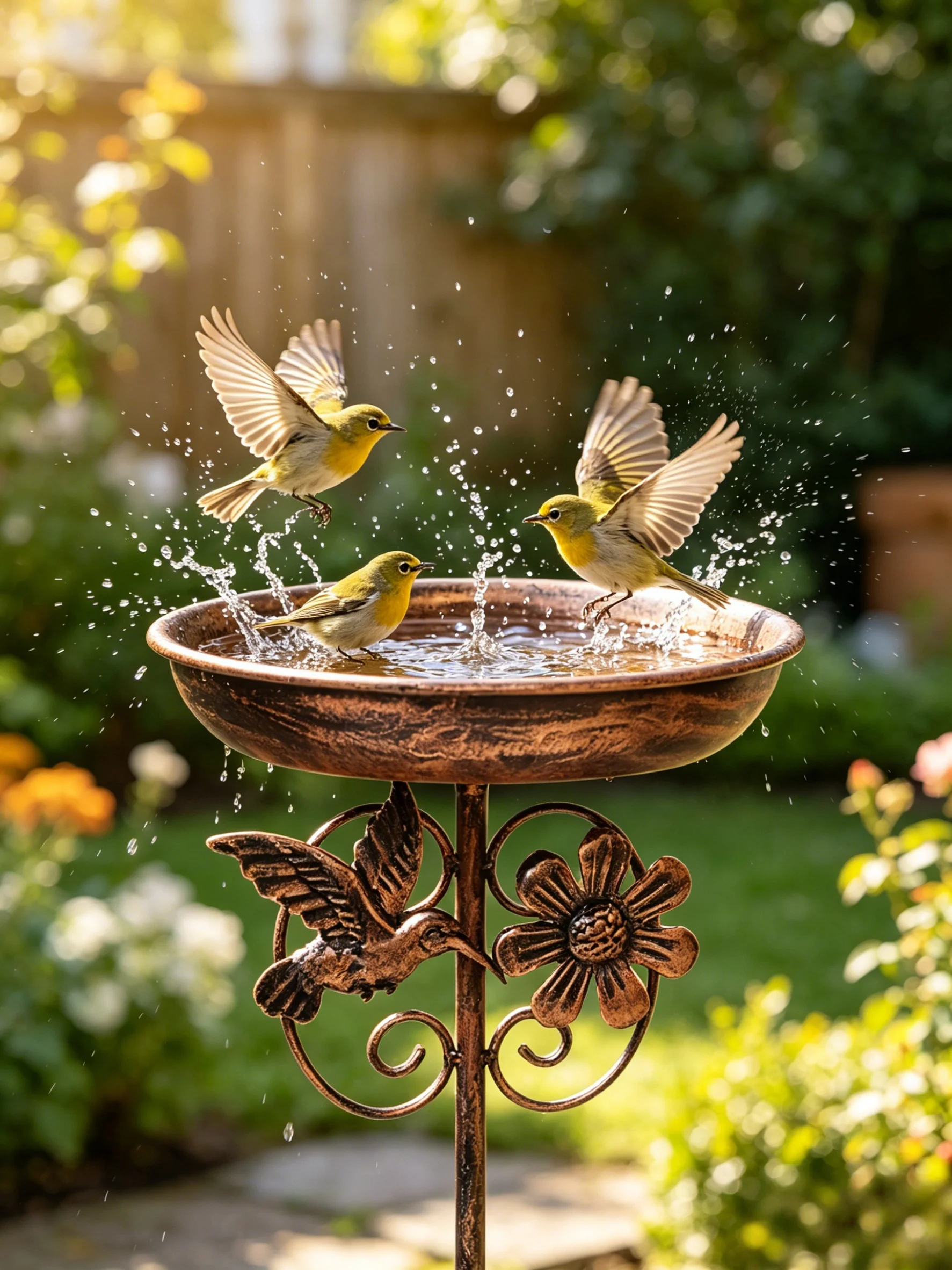 A Vintage Copper-Colored Five-Legged Decorative Bird Waterer for Drinking and Feeding, Suitable for Butterflies, Bees, Etc. Outd